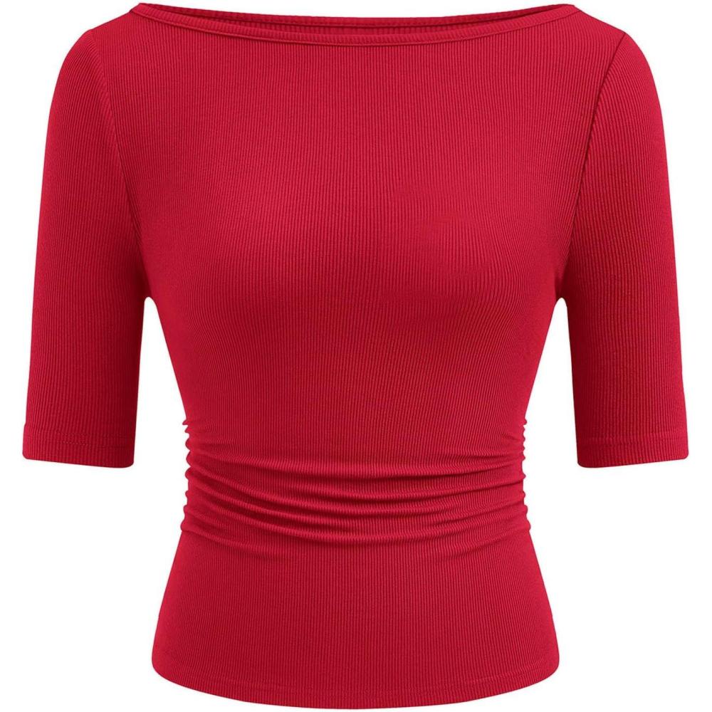 imagePRETTYGARDEN Womens Summer Short Sleeve Tops Boat Neck Ribbed Knit Slim Fit T Shirt Casual Basic Top 2026 Spring ClothesRed