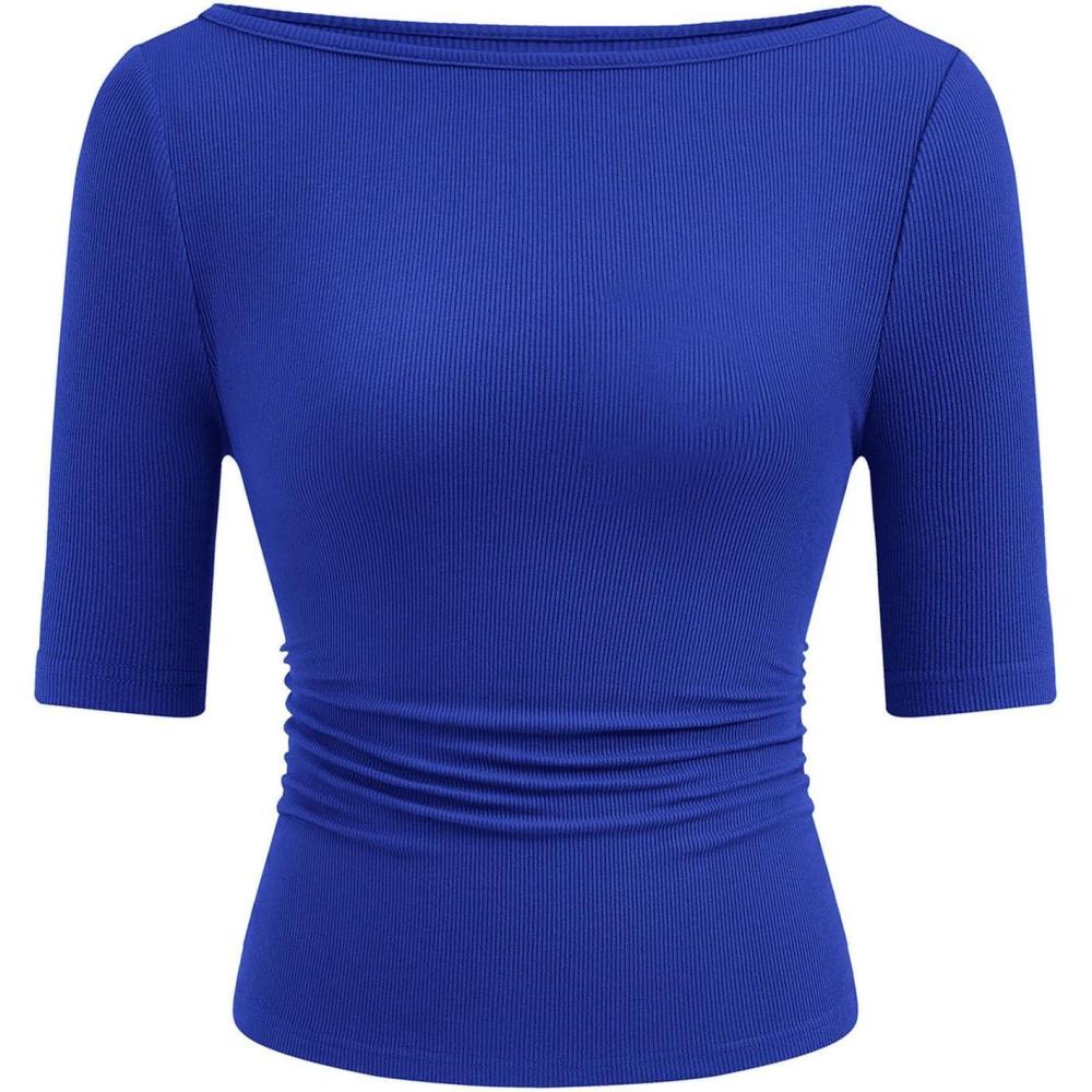 imagePRETTYGARDEN Womens Summer Short Sleeve Tops Boat Neck Ribbed Knit Slim Fit T Shirt Casual Basic Top 2026 Spring ClothesRoyal Blue
