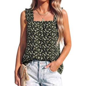 PRETTYGARDEN Boho Floral Tank Tops for Women, Shirred Straps Pleated Summer Casual Sleeveless Shirts Tops Beach Blouses(Black Yellow Floral)