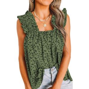 PRETTYGARDEN Boho Floral Tank Tops for Women, Shirred Straps Pleated Summer Casual Sleeveless Shirts Tops Beach Blouses(Green)
