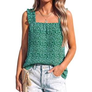 PRETTYGARDEN Boho Floral Tank Tops for Women, Shirred Straps Pleated Summer Casual Sleeveless Shirts Tops Beach Blouses(Green Blue Floral)