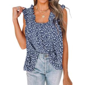 PRETTYGARDEN Boho Floral Tank Tops for Women, Shirred Straps Pleated Summer Casual Sleeveless Shirts Tops Beach Blouses(Light Blue)