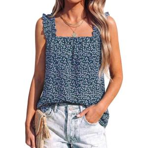 PRETTYGARDEN Boho Floral Tank Tops for Women, Shirred Straps Pleated Summer Casual Sleeveless Shirts Tops Beach Blouses(Navy Purple Floral)
