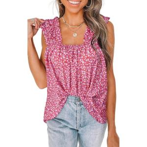 PRETTYGARDEN Boho Floral Tank Tops for Women, Shirred Straps Pleated Summer Casual Sleeveless Shirts Tops Beach Blouses(Red)