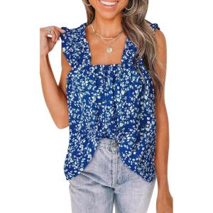 PRETTYGARDEN Boho Floral Tank Tops for Women, Shirred Straps Pleated Summer Casual Sleeveless Shirts Tops Beach Blouses(Royal Blue)
