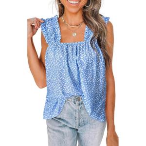 PRETTYGARDEN Boho Floral Tank Tops for Women, Shirred Straps Pleated Summer Casual Sleeveless Shirts Tops Beach Blouses(Sky Blue White Flower)