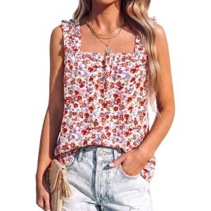 PRETTYGARDEN Boho Floral Tank Tops for Women, Shirred Straps Pleated Summer Casual Sleeveless Shirts Tops Beach Blouses(White Red Floral)