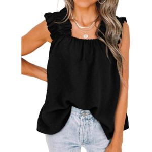 PRETTYGARDEN Boho Floral Tank Tops for Women, Shirred Straps Pleated Summer Casual Sleeveless Shirts Tops Beach Blouses(X-black)