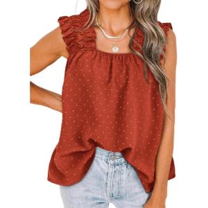 PRETTYGARDEN Boho Floral Tank Tops for Women, Shirred Straps Pleated Summer Casual Sleeveless Shirts Tops Beach Blouses(X-brick Red)