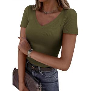 PRETTYGARDEN Women 2026 Spring Tops Trendy Ribbed Short Sleeve V Neck Fitted Basic Tee Shirts Casual Going Out Summer Outfits(Army Green)