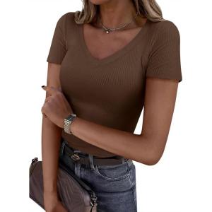 PRETTYGARDEN Women 2026 Spring Tops Trendy Ribbed Short Sleeve V Neck Fitted Basic Tee Shirts Casual Going Out Summer Outfits(Brown)