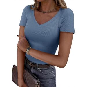 PRETTYGARDEN Women 2026 Spring Tops Trendy Ribbed Short Sleeve V Neck Fitted Basic Tee Shirts Casual Going Out Summer Outfits(Dusty Blue)