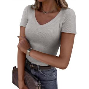 PRETTYGARDEN Women 2026 Spring Tops Trendy Ribbed Short Sleeve V Neck Fitted Basic Tee Shirts Casual Going Out Summer Outfits(Grey)