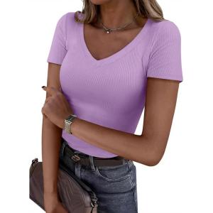 PRETTYGARDEN Women 2026 Spring Tops Trendy Ribbed Short Sleeve V Neck Fitted Basic Tee Shirts Casual Going Out Summer Outfits(Purple)