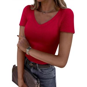 PRETTYGARDEN Women 2026 Spring Tops Trendy Ribbed Short Sleeve V Neck Fitted Basic Tee Shirts Casual Going Out Summer Outfits(Red)