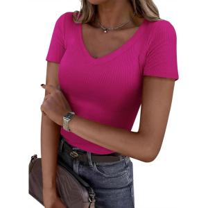 PRETTYGARDEN Women 2026 Spring Tops Trendy Ribbed Short Sleeve V Neck Fitted Basic Tee Shirts Casual Going Out Summer Outfits(Rose Red)