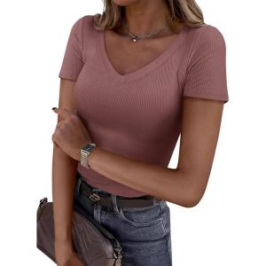 PRETTYGARDEN Women 2026 Spring Tops Trendy Ribbed Short Sleeve V Neck Fitted Basic Tee Shirts Casual Going Out Summer Outfits(Taupe)