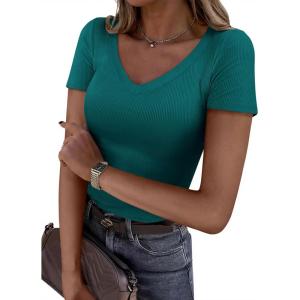 PRETTYGARDEN Women 2026 Spring Tops Trendy Ribbed Short Sleeve V Neck Fitted Basic Tee Shirts Casual Going Out Summer Outfits(Teal)