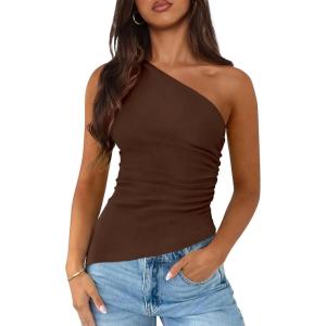 PRETTYGARDEN Womens 2026 Summer Y2K Tops Sleeveless One Shoulder Slim Fit Shirts Ruched Knit Asymmetrical Top Blouse(Brown)