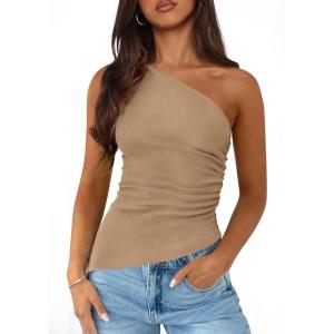 PRETTYGARDEN Womens 2026 Summer Y2K Tops Sleeveless One Shoulder Slim Fit Shirts Ruched Knit Asymmetrical Top Blouse(Khaki)