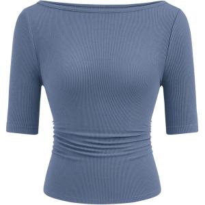 PRETTYGARDEN Womens Summer Short Sleeve Tops Boat Neck Ribbed Knit Slim Fit T Shirt Casual Basic Top 2026 Spring Clothes(Blue Grey)