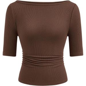 PRETTYGARDEN Womens Summer Short Sleeve Tops Boat Neck Ribbed Knit Slim Fit T Shirt Casual Basic Top 2026 Spring Clothes(Brown)