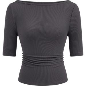 PRETTYGARDEN Womens Summer Short Sleeve Tops Boat Neck Ribbed Knit Slim Fit T Shirt Casual Basic Top 2026 Spring Clothes(Dark Grey)