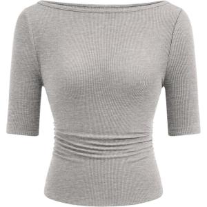PRETTYGARDEN Womens Summer Short Sleeve Tops Boat Neck Ribbed Knit Slim Fit T Shirt Casual Basic Top 2026 Spring Clothes(Grey)