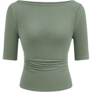 PRETTYGARDEN Womens Summer Short Sleeve Tops Boat Neck Ribbed Knit Slim Fit T Shirt Casual Basic Top 2026 Spring Clothes(Grey Green)