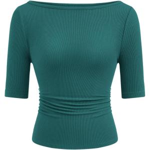 PRETTYGARDEN Womens Summer Short Sleeve Tops Boat Neck Ribbed Knit Slim Fit T Shirt Casual Basic Top 2026 Spring Clothes(Lake Blue)