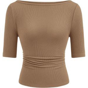 PRETTYGARDEN Womens Summer Short Sleeve Tops Boat Neck Ribbed Knit Slim Fit T Shirt Casual Basic Top 2026 Spring Clothes(Light Khaki)