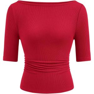 PRETTYGARDEN Womens Summer Short Sleeve Tops Boat Neck Ribbed Knit Slim Fit T Shirt Casual Basic Top 2026 Spring Clothes(Red)