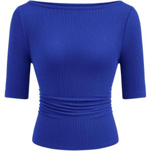 PRETTYGARDEN Womens Summer Short Sleeve Tops Boat Neck Ribbed Knit Slim Fit T Shirt Casual Basic Top 2026 Spring Clothes(Royal Blue)