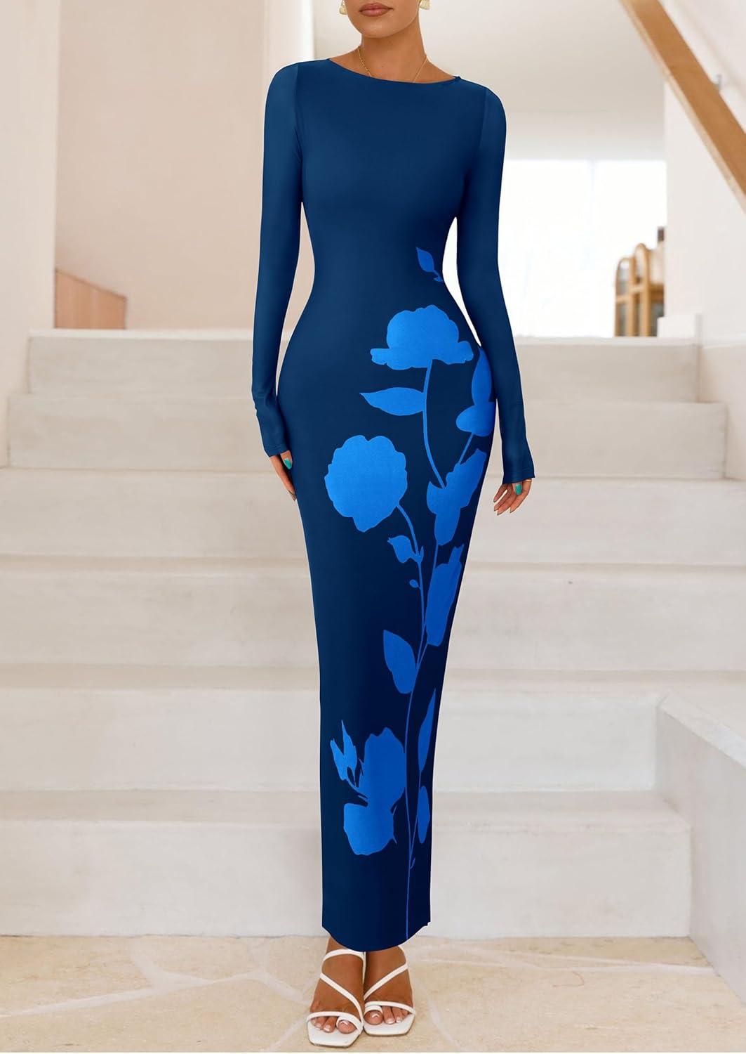 imagePRETTYGARDEN Bodycon Maxi Dress 2025 Fall Floral Long Sleeve Sexy Mesh Cocktail Wedding Guest Long DressesBlue