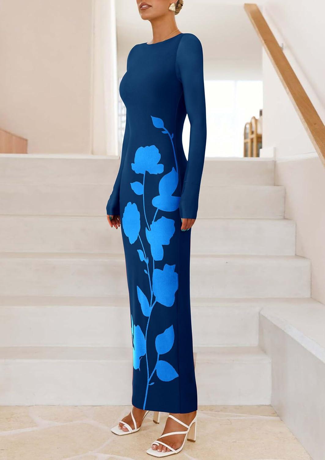 imagePRETTYGARDEN Bodycon Maxi Dress 2025 Fall Floral Long Sleeve Sexy Mesh Cocktail Wedding Guest Long DressesBlue