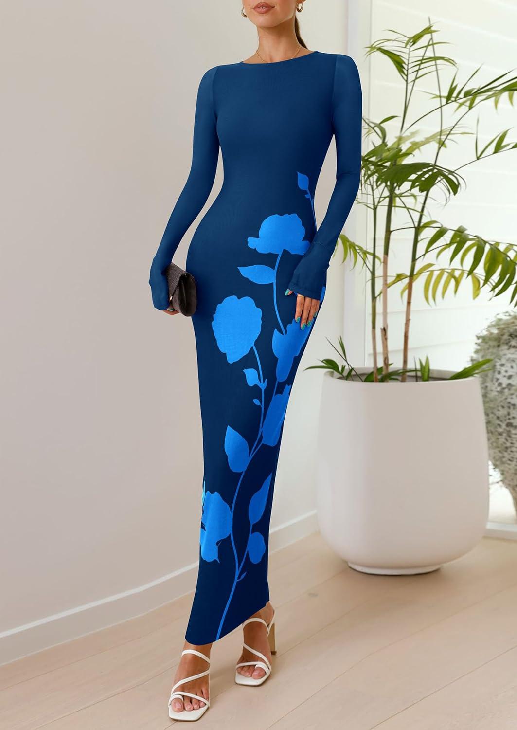 imagePRETTYGARDEN Bodycon Maxi Dress 2025 Fall Floral Long Sleeve Sexy Mesh Cocktail Wedding Guest Long DressesBlue