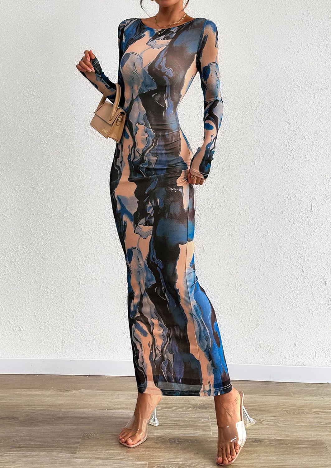 imagePRETTYGARDEN Bodycon Maxi Dress 2025 Fall Floral Long Sleeve Sexy Mesh Cocktail Wedding Guest Long DressesBlue Black