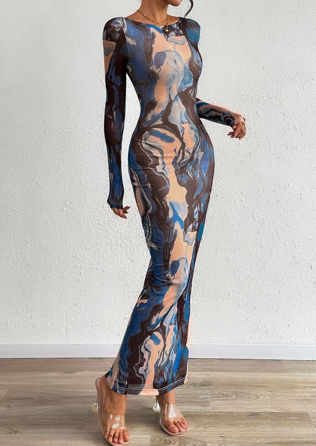 imagePRETTYGARDEN Bodycon Maxi Dress 2025 Fall Floral Long Sleeve Sexy Mesh Cocktail Wedding Guest Long DressesBlue Black
