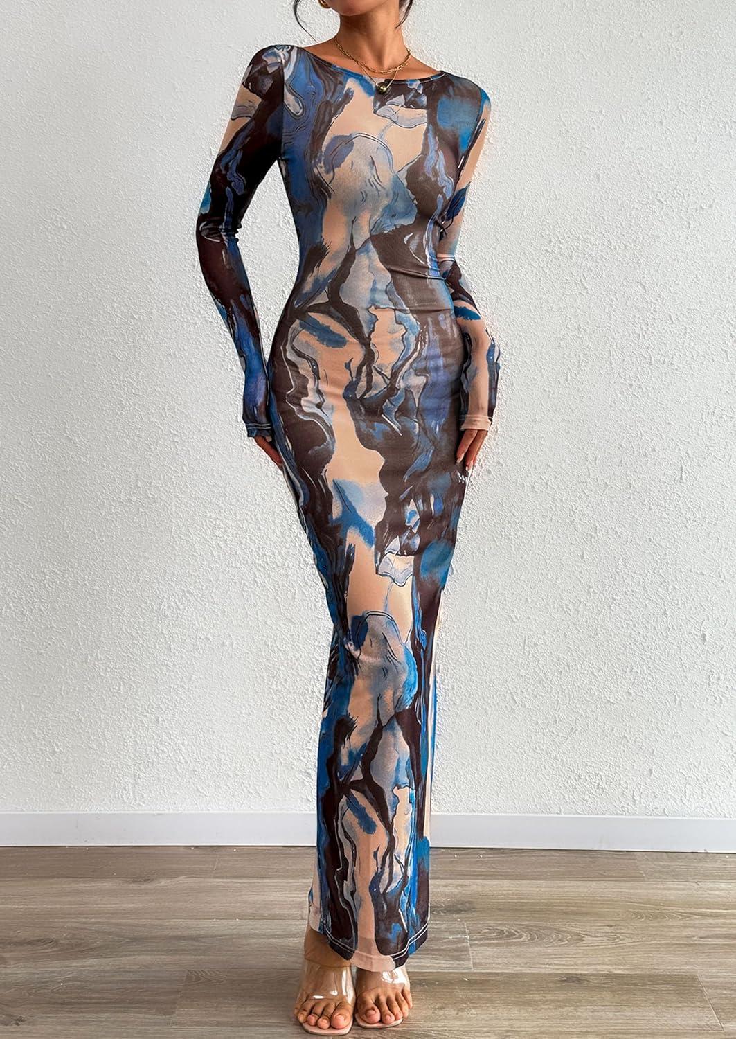 imagePRETTYGARDEN Bodycon Maxi Dress 2025 Fall Floral Long Sleeve Sexy Mesh Cocktail Wedding Guest Long DressesBlue Black