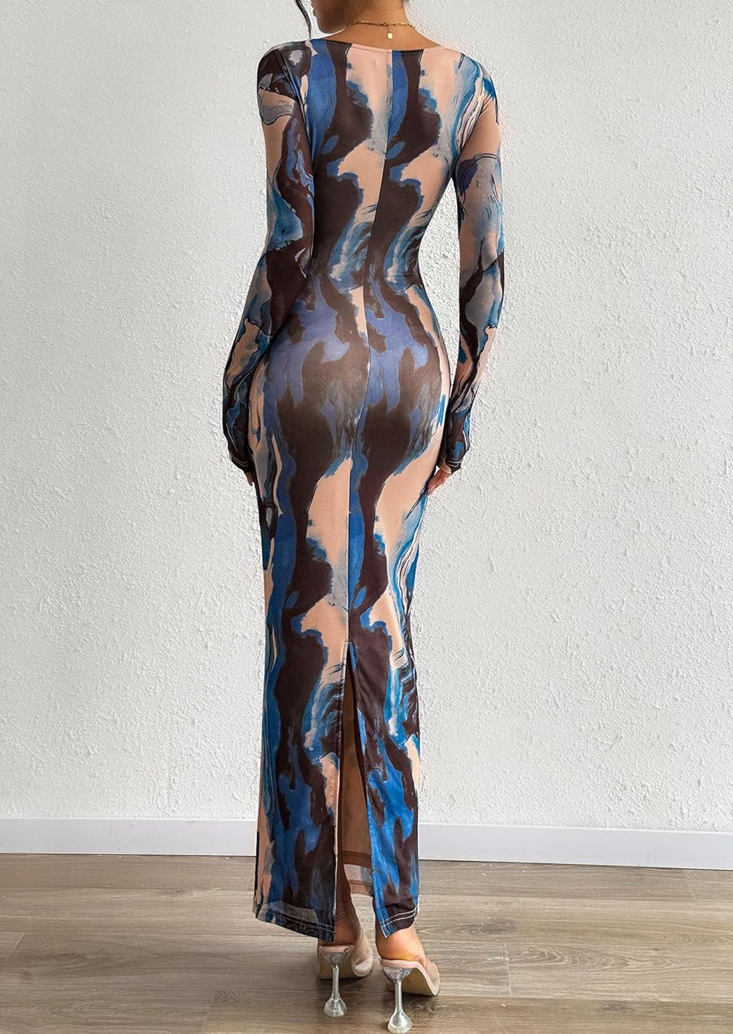 imagePRETTYGARDEN Bodycon Maxi Dress 2025 Fall Floral Long Sleeve Sexy Mesh Cocktail Wedding Guest Long DressesBlue Black