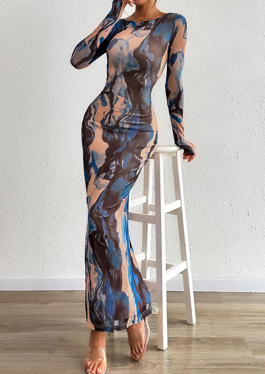 imagePRETTYGARDEN Bodycon Maxi Dress 2025 Fall Floral Long Sleeve Sexy Mesh Cocktail Wedding Guest Long DressesBlue Black