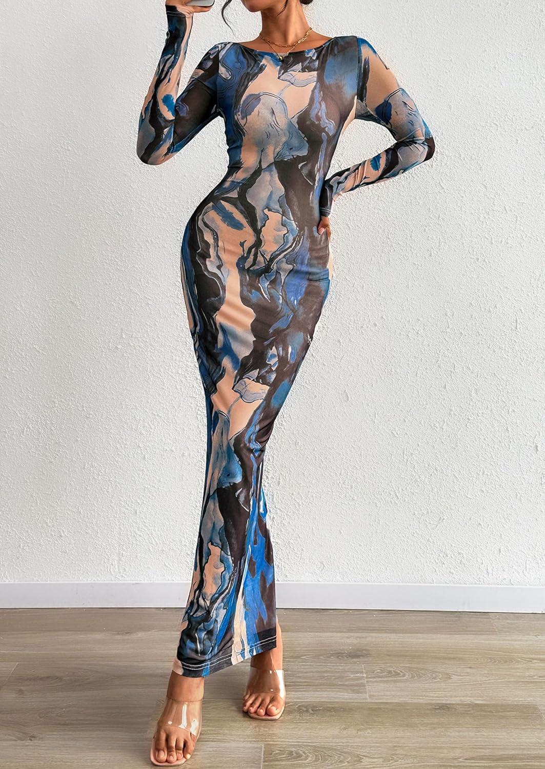 imagePRETTYGARDEN Bodycon Maxi Dress 2025 Fall Floral Long Sleeve Sexy Mesh Cocktail Wedding Guest Long DressesBlue Black