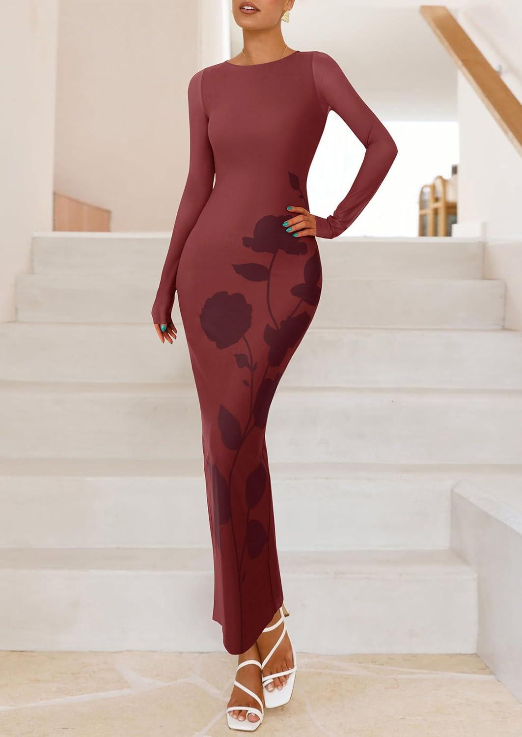 imagePRETTYGARDEN Bodycon Maxi Dress 2025 Fall Floral Long Sleeve Sexy Mesh Cocktail Wedding Guest Long DressesBrown