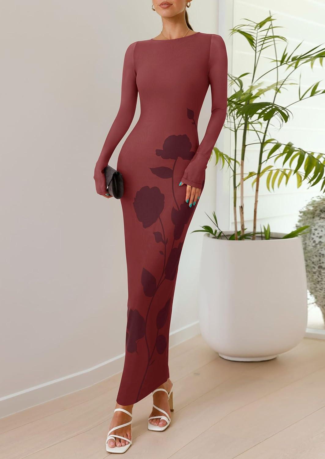 imagePRETTYGARDEN Bodycon Maxi Dress 2025 Fall Floral Long Sleeve Sexy Mesh Cocktail Wedding Guest Long DressesBrown