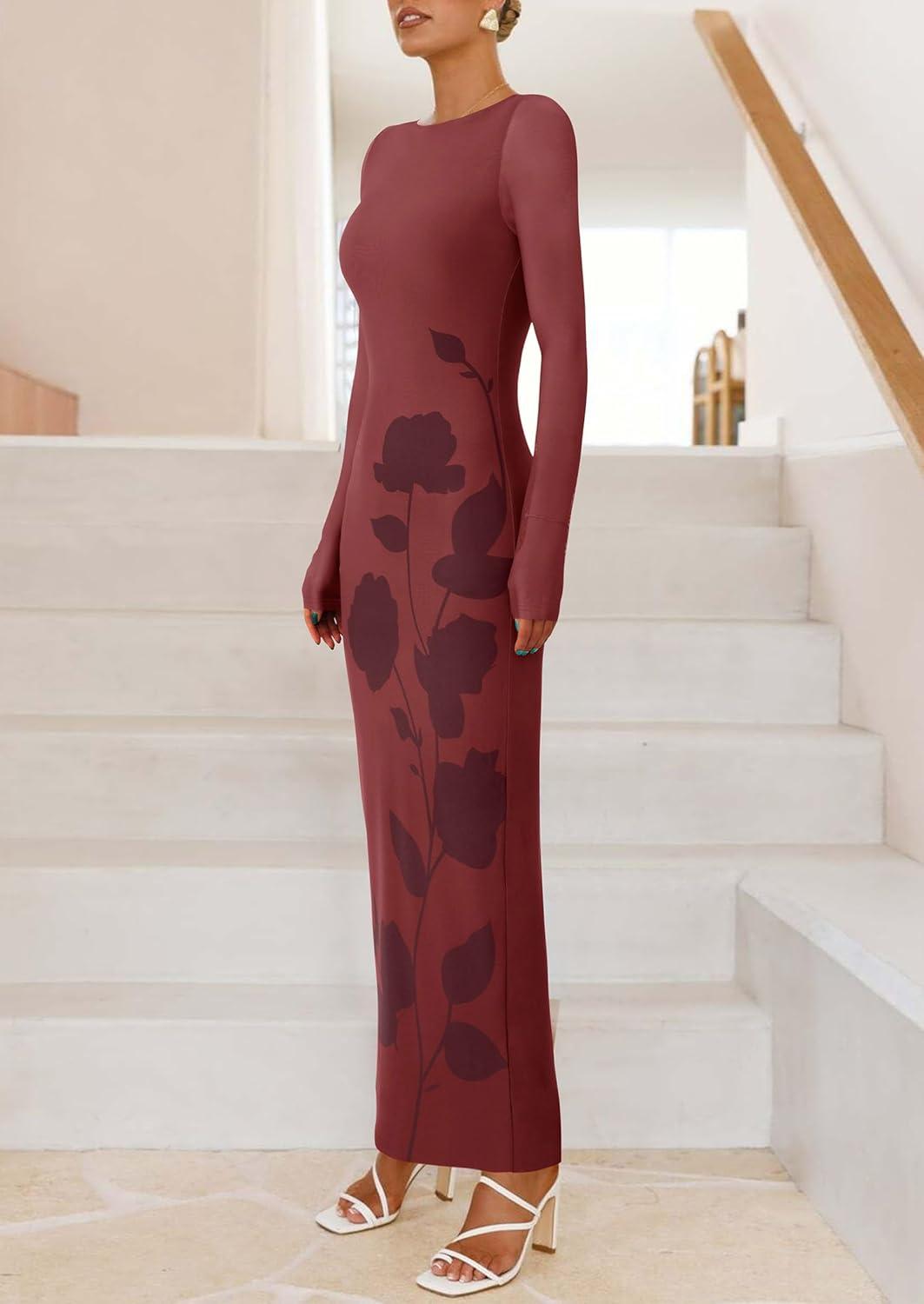 imagePRETTYGARDEN Bodycon Maxi Dress 2025 Fall Floral Long Sleeve Sexy Mesh Cocktail Wedding Guest Long DressesBrown