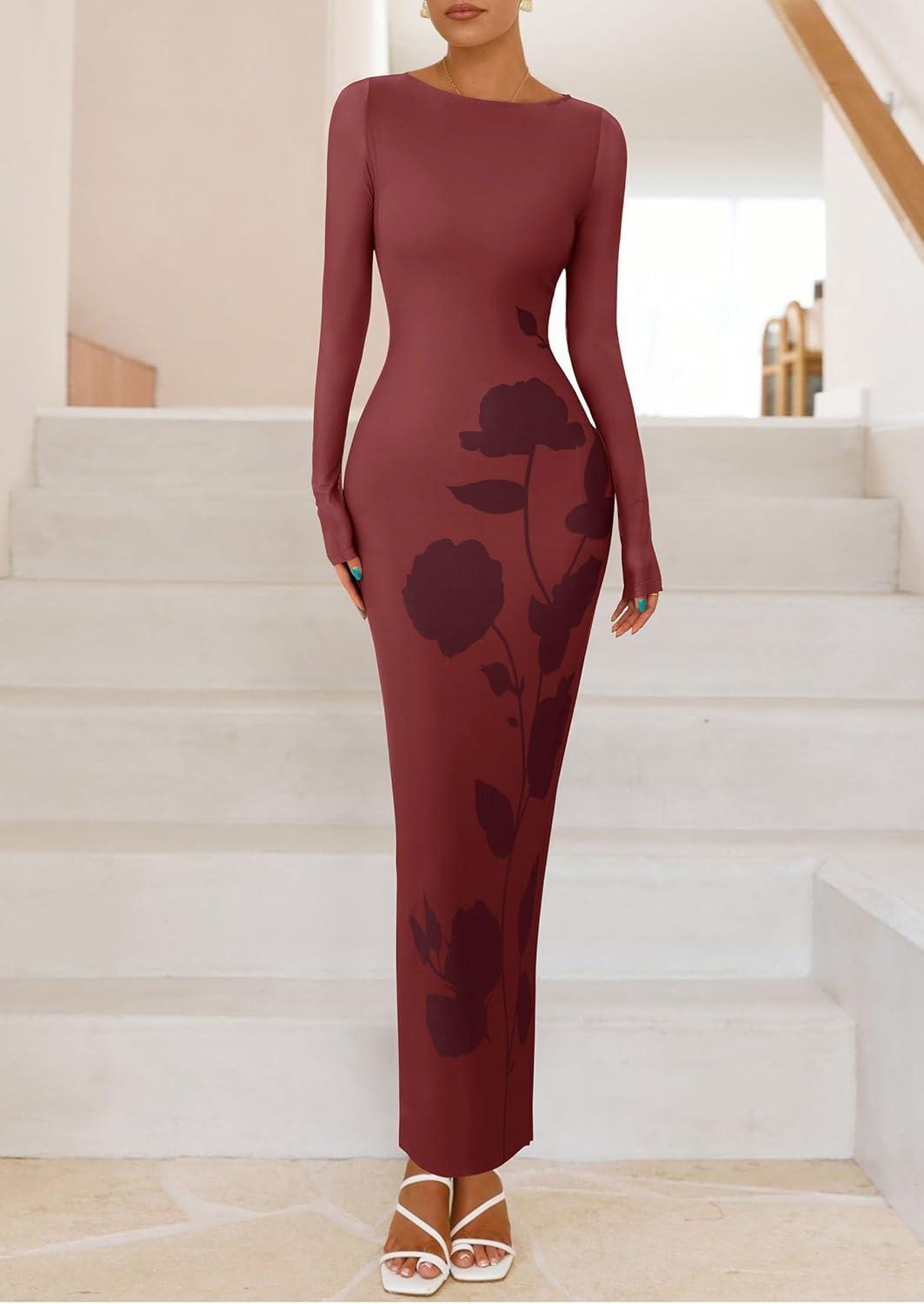 imagePRETTYGARDEN Bodycon Maxi Dress 2025 Fall Floral Long Sleeve Sexy Mesh Cocktail Wedding Guest Long DressesBrown