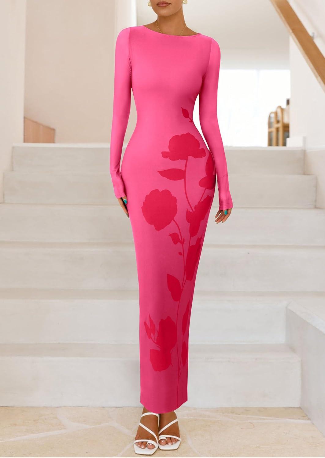 imagePRETTYGARDEN Bodycon Maxi Dress 2025 Fall Floral Long Sleeve Sexy Mesh Cocktail Wedding Guest Long DressesPink