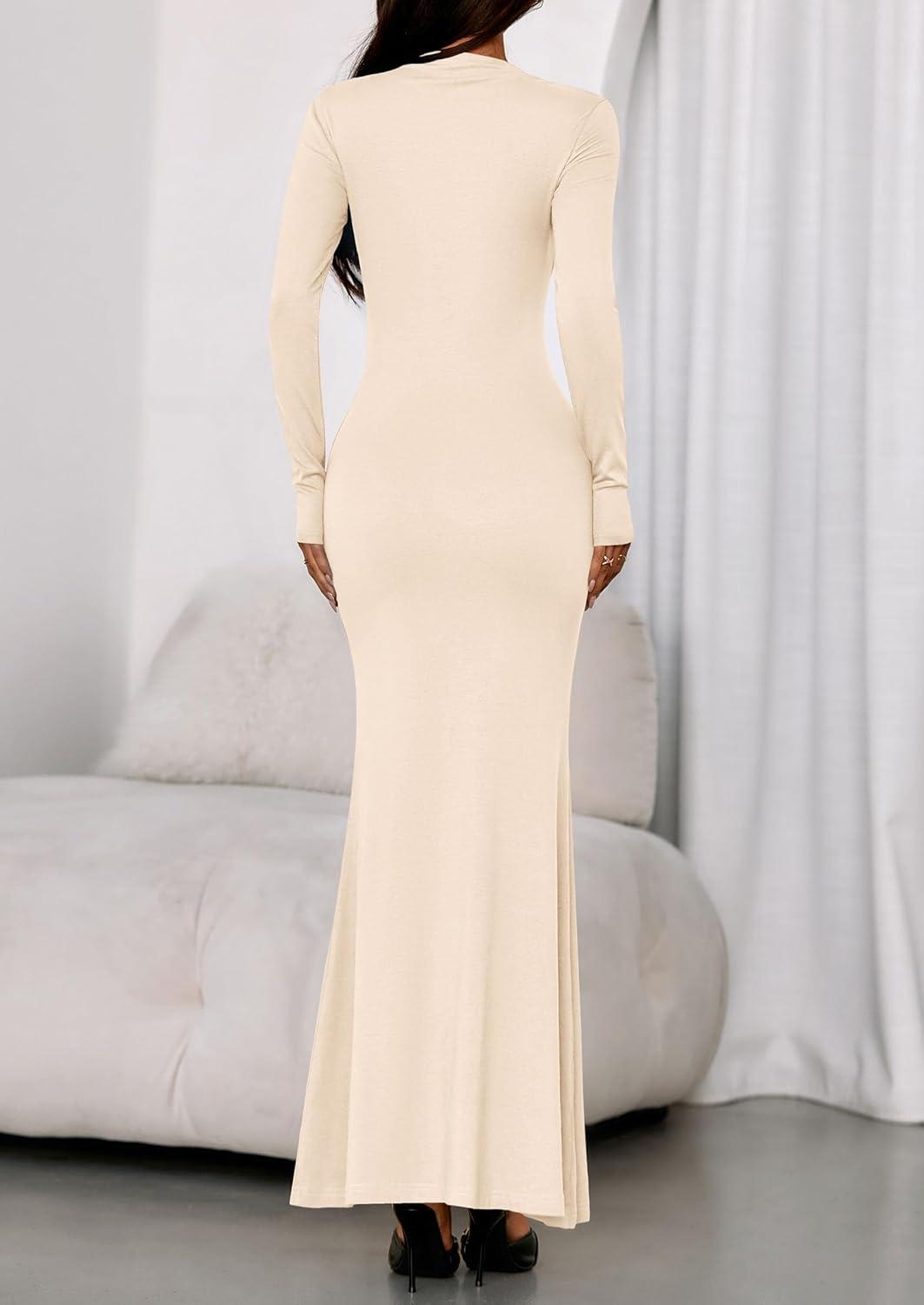 imagePRETTYGARDEN Fall Dresses for Women 2026 Long Sleeve Bodycon Mock Neck Ruched Maxi Formal Cocktail Wedding Guest DressApricot