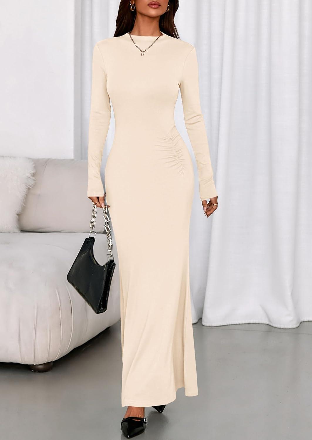 imagePRETTYGARDEN Fall Dresses for Women 2026 Long Sleeve Bodycon Mock Neck Ruched Maxi Formal Cocktail Wedding Guest DressApricot