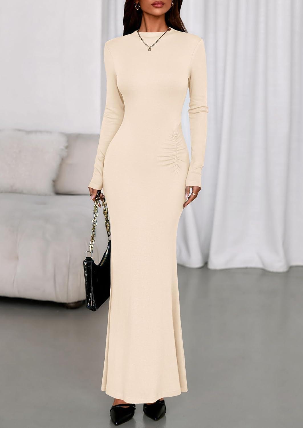 imagePRETTYGARDEN Fall Dresses for Women 2026 Long Sleeve Bodycon Mock Neck Ruched Maxi Formal Cocktail Wedding Guest DressApricot
